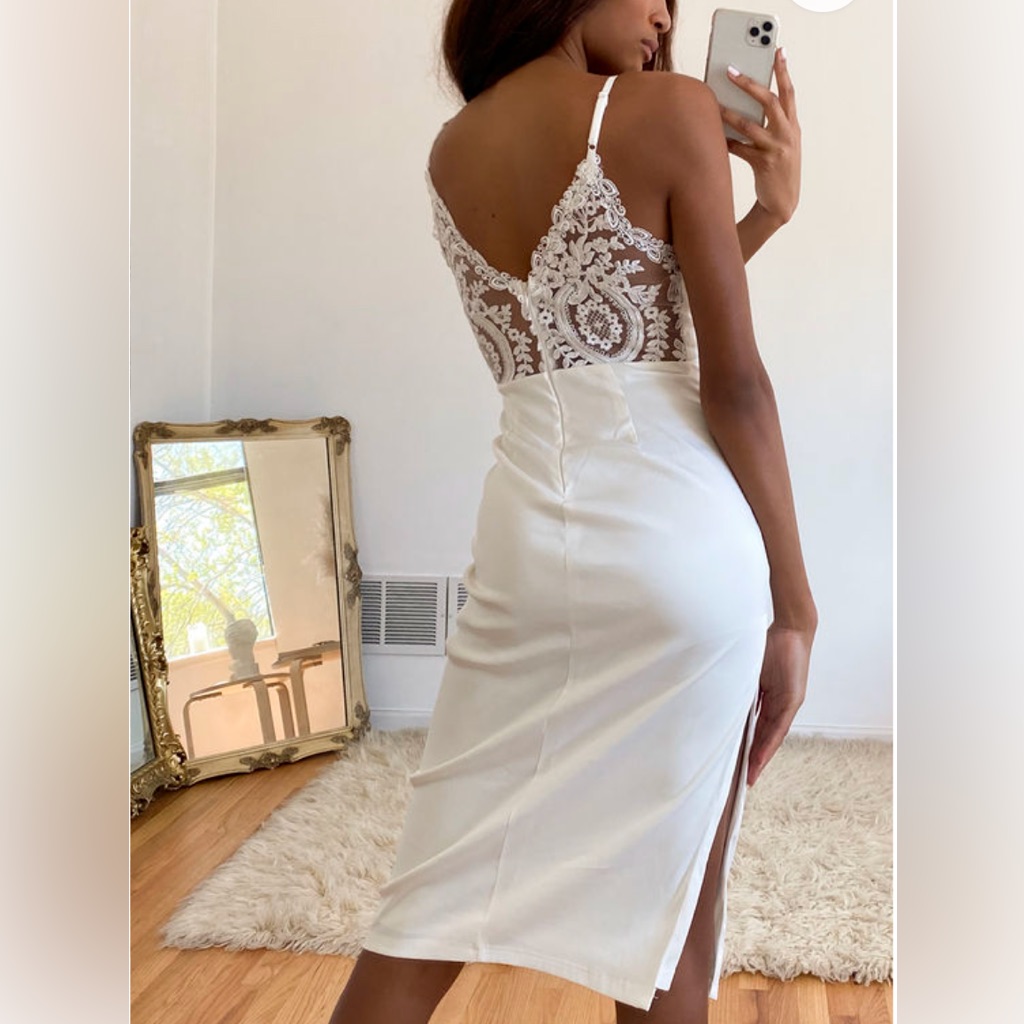 Stunning Sight White Embroidered Lace Satin Midi Dress
